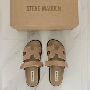 Steve Madden Mayven Slides Sandals Taupe Suede 6/6.5